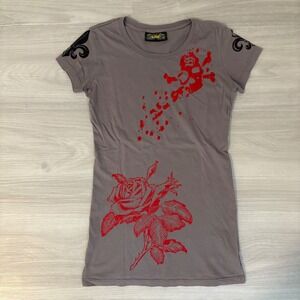 SMET TShirt Womens Born on the Street Tee Shirt Gray Red Rose Skull Rhinestone M